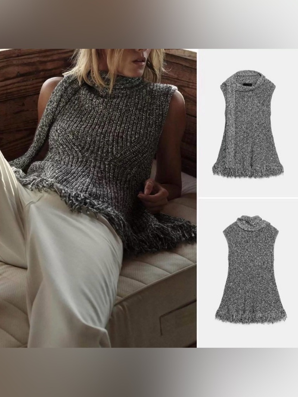 Zara Grey Marl Sleeveless Knit Top with Fringed Hem